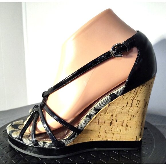 COACH Black logo JOSLIN Strappy wedge Shoe Size 7.5 - Picture 3 of 16